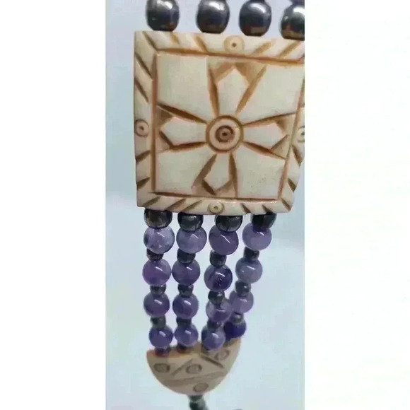 Amethyst & Sterling Silver Bead Bracelet With Resin Accents Multi Strand Vintage - Picture 4 of 10